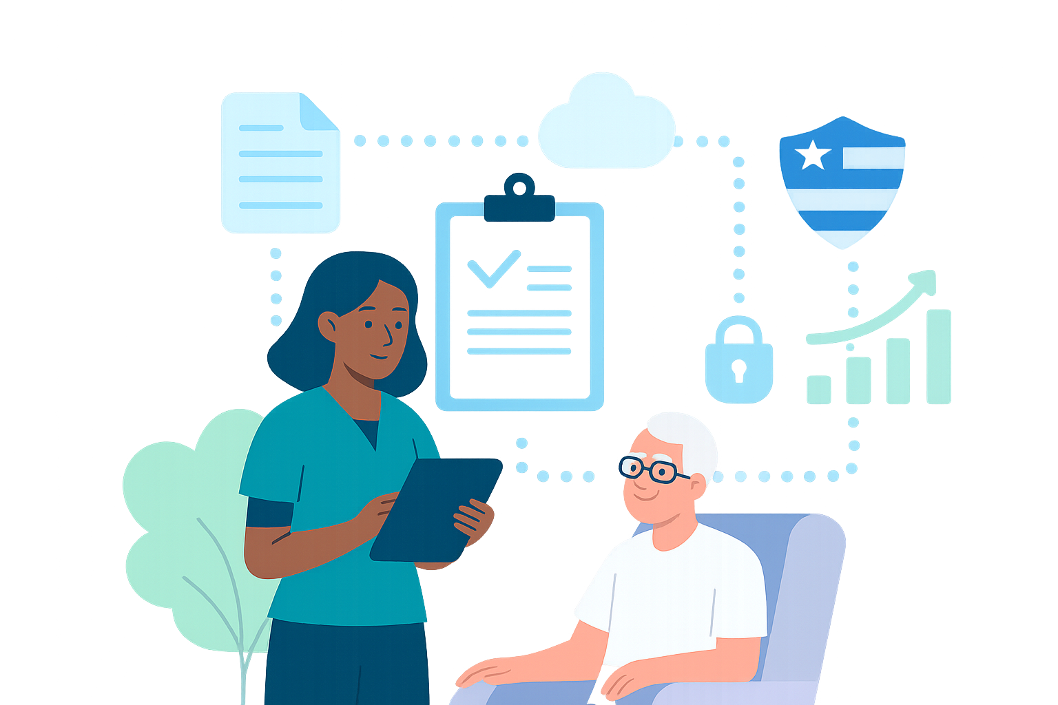 Nurse capturing intake on tablet for home-health patient; secure referrals and analytics.